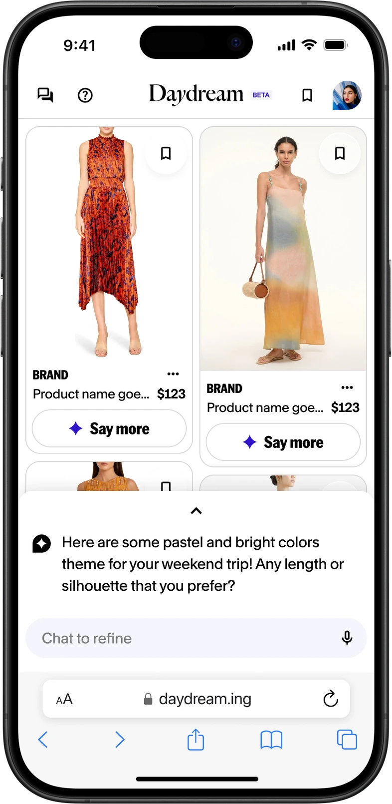 Mobile web: product grid with the chat sheet collapsed below