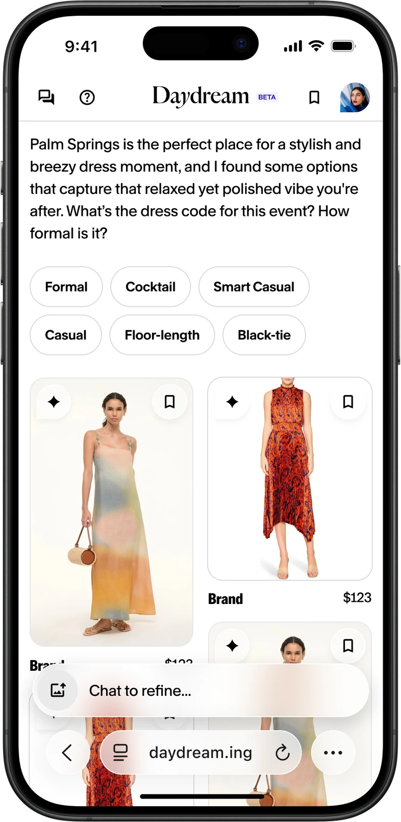 Mobile web: agent message, refinement chips, and products on one plane