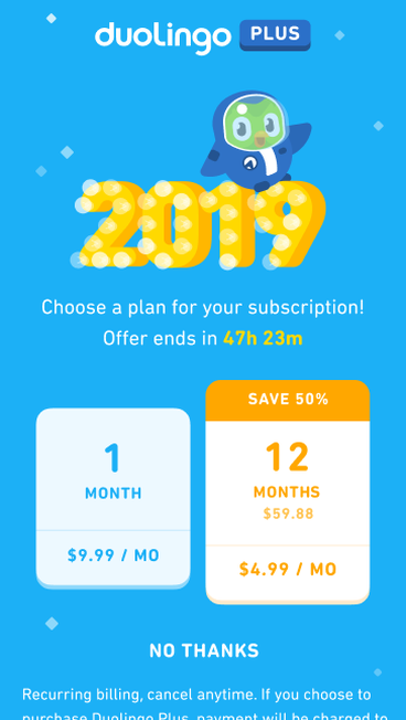 Version B: two packages with a 48-hour offer window, and a yearly plan at $4.99 a month