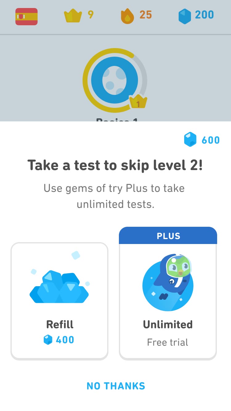 Test out to skip level 2 with 600 gems: pay 400 gems or try Plus for unlimited tests
