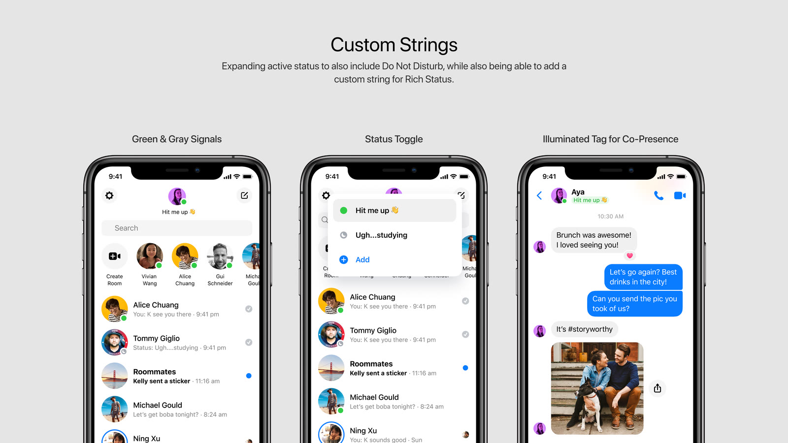 Custom Strings sprint concept: green and gray signals, a status toggle, and an illuminated tag for co-presence