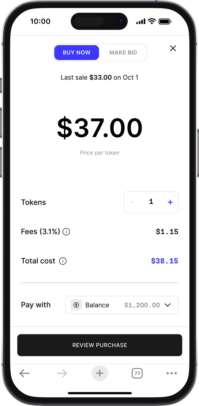 Buy now: one token at $37.00 plus a 3.1% fee, paid from your balance