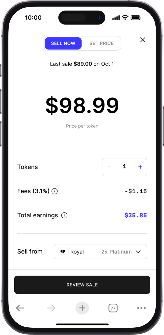 Sell now: one Platinum token at $98.99 minus a 3.1% fee