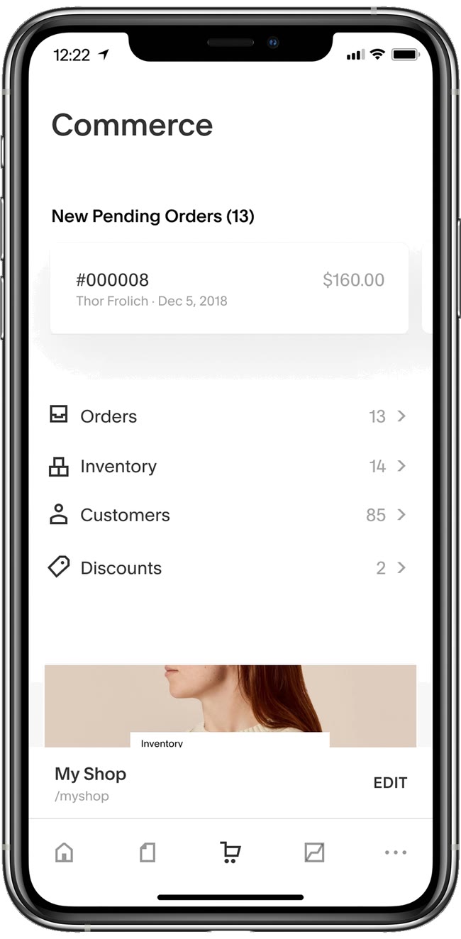 Commerce tab with new orders and inventory